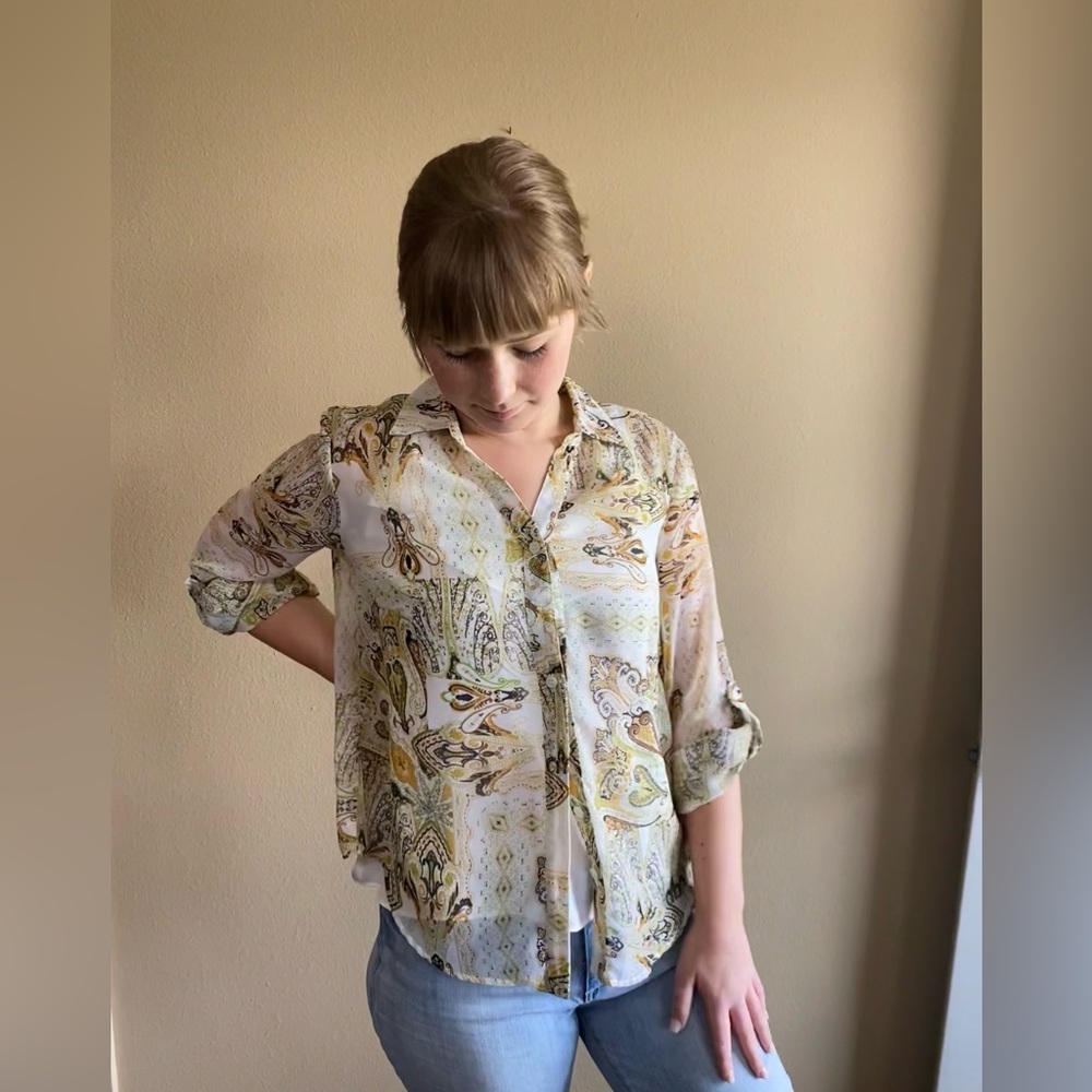 Coldwater Creek Sheer Paisley Button Down Petite Small